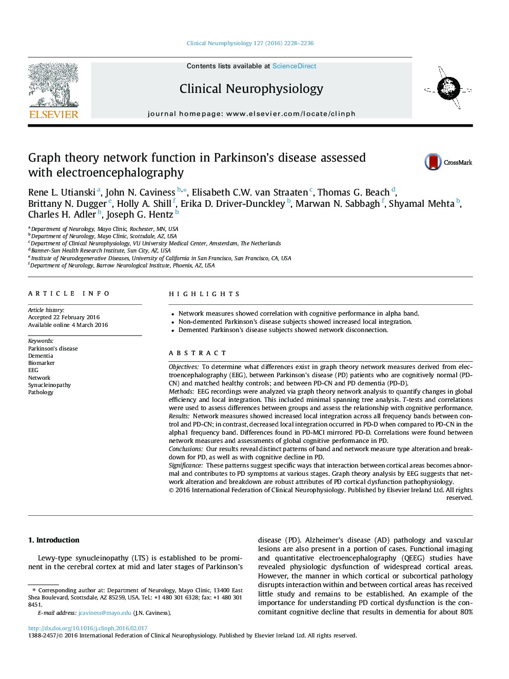 Graph theory network function in Parkinson's disease assessed with electroencephalography