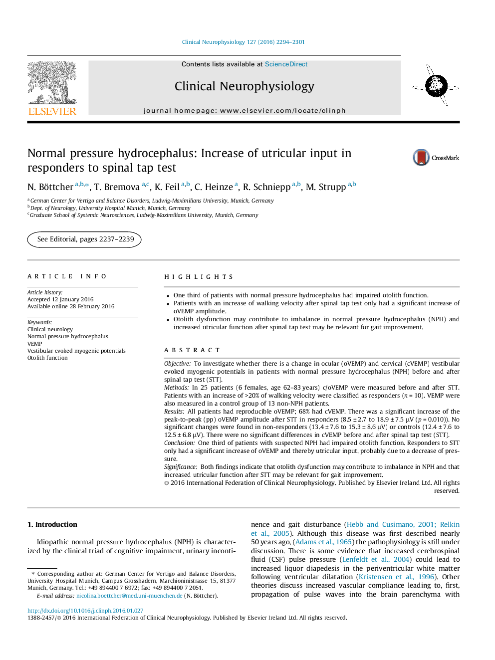 Normal pressure hydrocephalus: Increase of utricular input in responders to spinal tap test