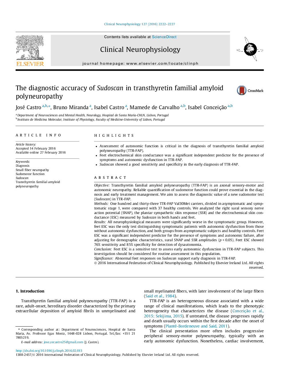 The diagnostic accuracy of Sudoscan in transthyretin familial amyloid polyneuropathy