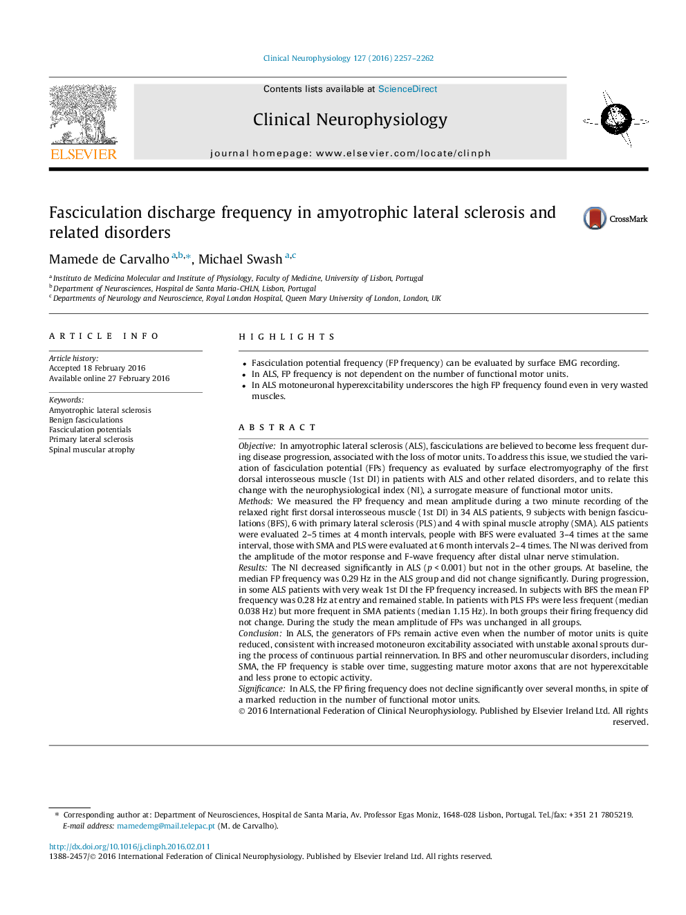 Fasciculation discharge frequency in amyotrophic lateral sclerosis and related disorders