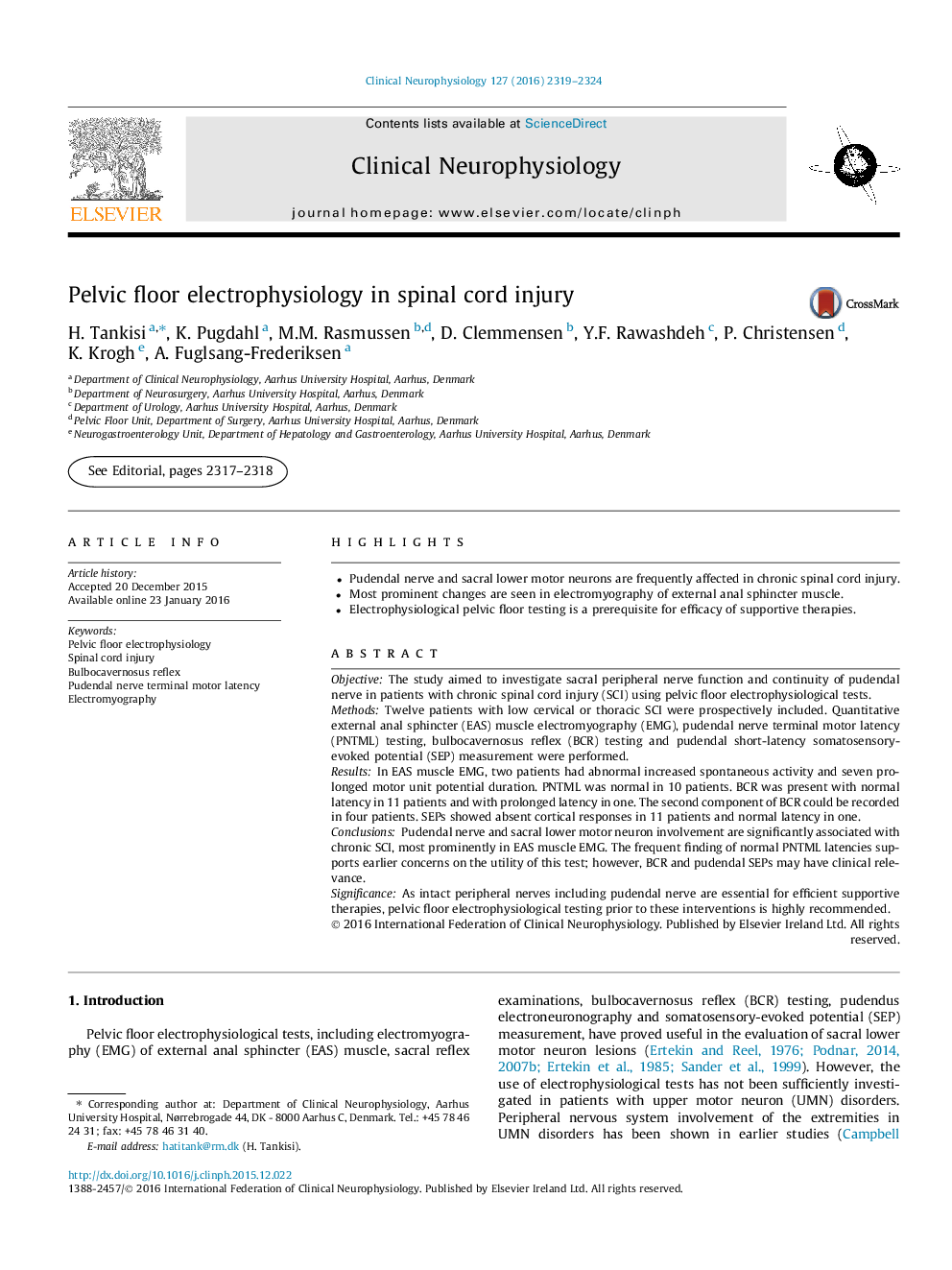 Pelvic floor electrophysiology in spinal cord injury