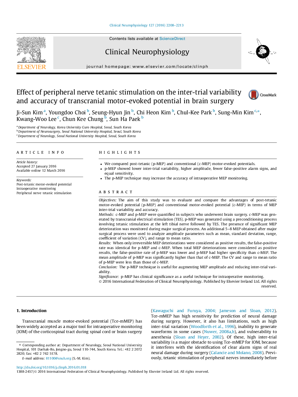 Effect of peripheral nerve tetanic stimulation on the inter-trial variability and accuracy of transcranial motor-evoked potential in brain surgery