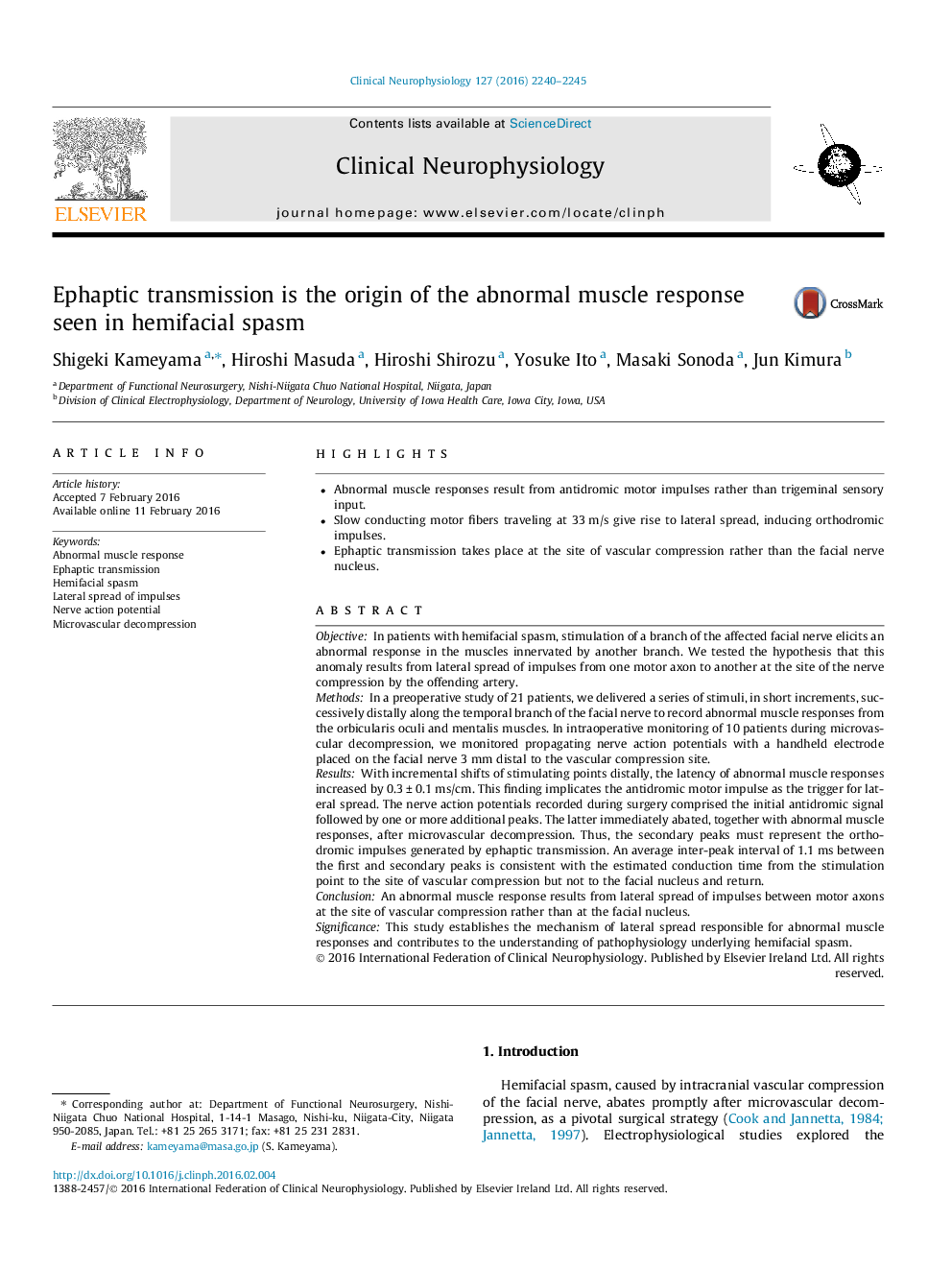 Ephaptic transmission is the origin of the abnormal muscle response seen in hemifacial spasm