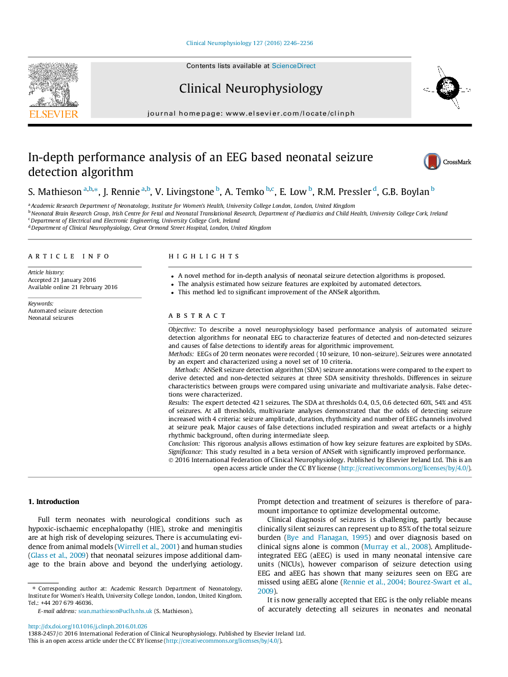 In-depth performance analysis of an EEG based neonatal seizure detection algorithm