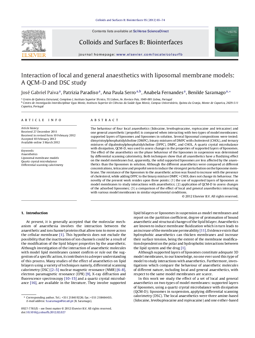 Interaction of local and general anaesthetics with liposomal membrane models: A QCM-D and DSC study