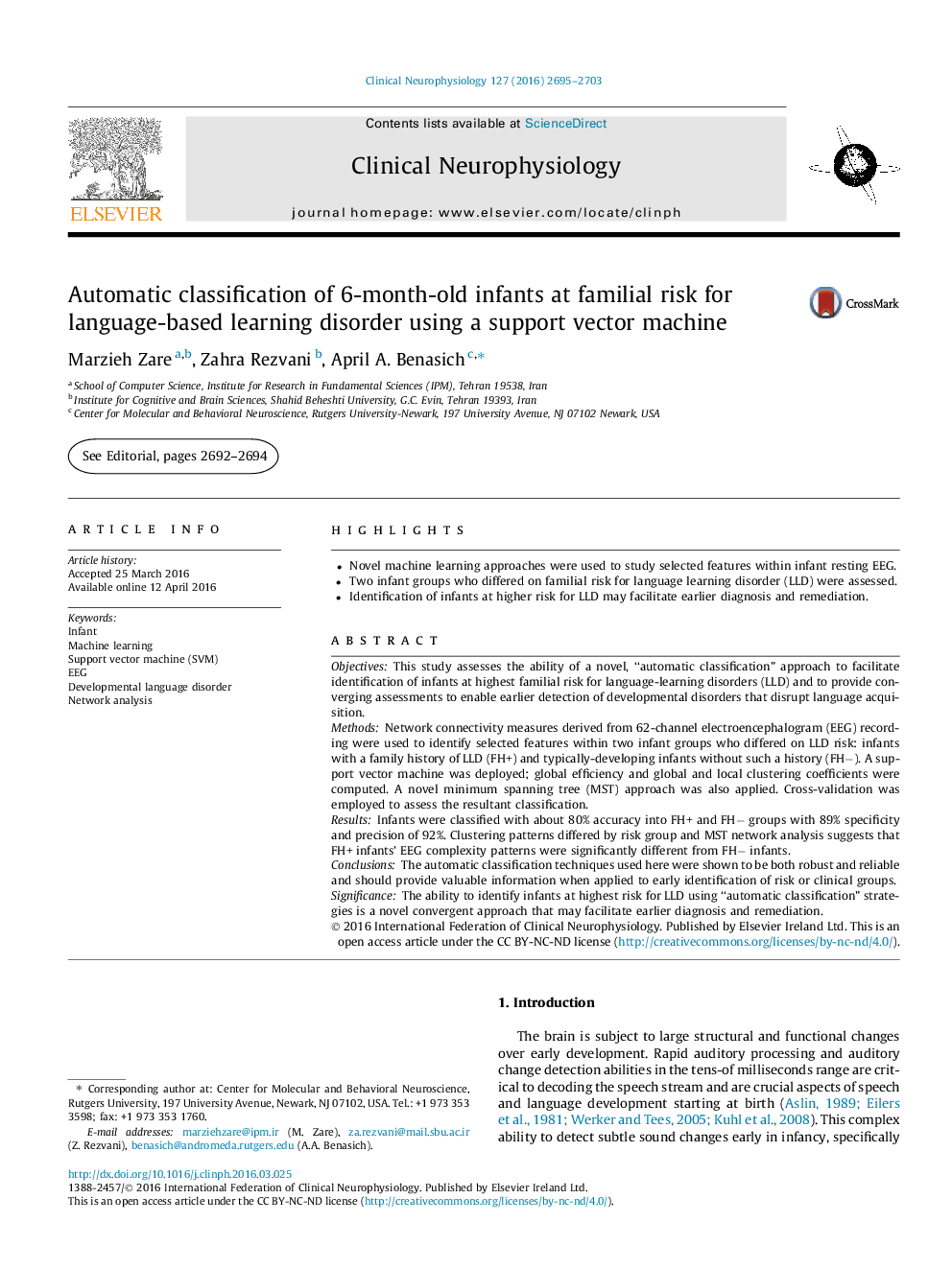 Automatic classification of 6-month-old infants at familial risk for language-based learning disorder using a support vector machine