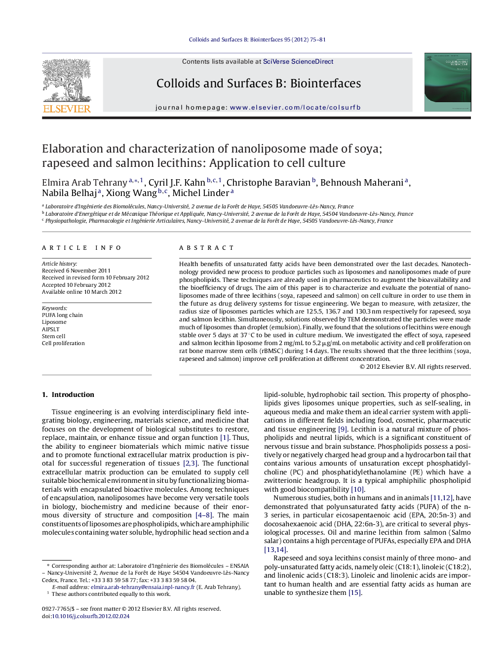 Elaboration and characterization of nanoliposome made of soya; rapeseed and salmon lecithins: Application to cell culture