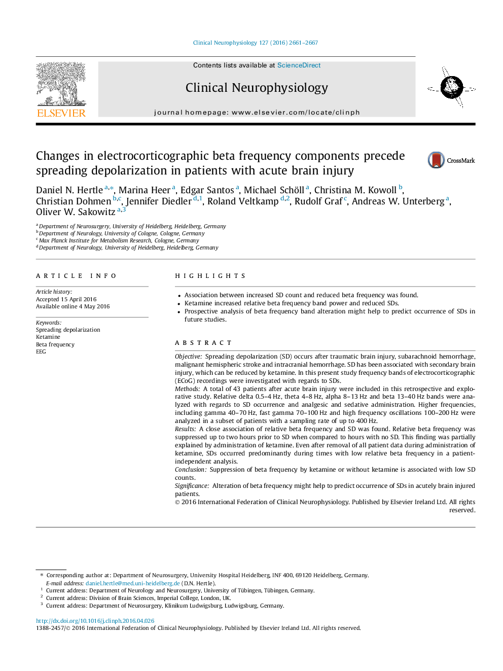 Changes in electrocorticographic beta frequency components precede spreading depolarization in patients with acute brain injury