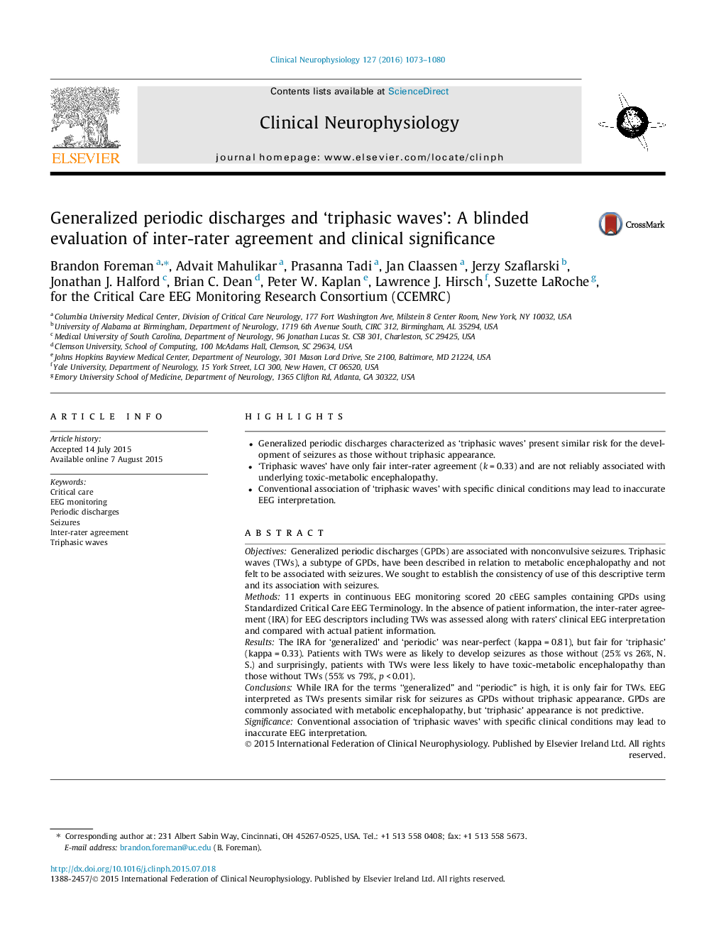 Generalized periodic discharges and ‘triphasic waves’: A blinded evaluation of inter-rater agreement and clinical significance