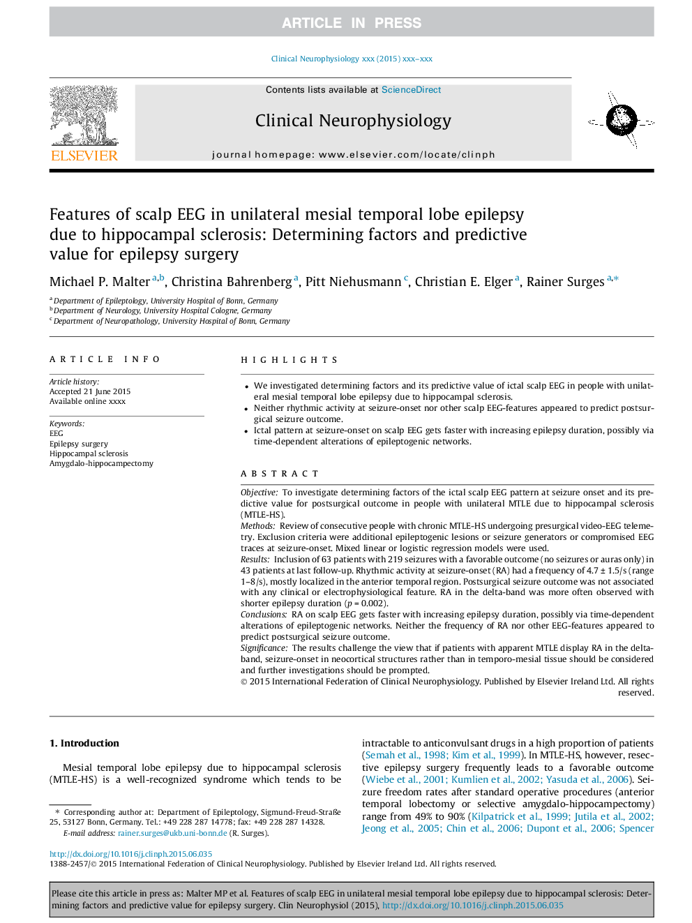 Features of scalp EEG in unilateral mesial temporal lobe epilepsy due to hippocampal sclerosis: Determining factors and predictive value for epilepsy surgery