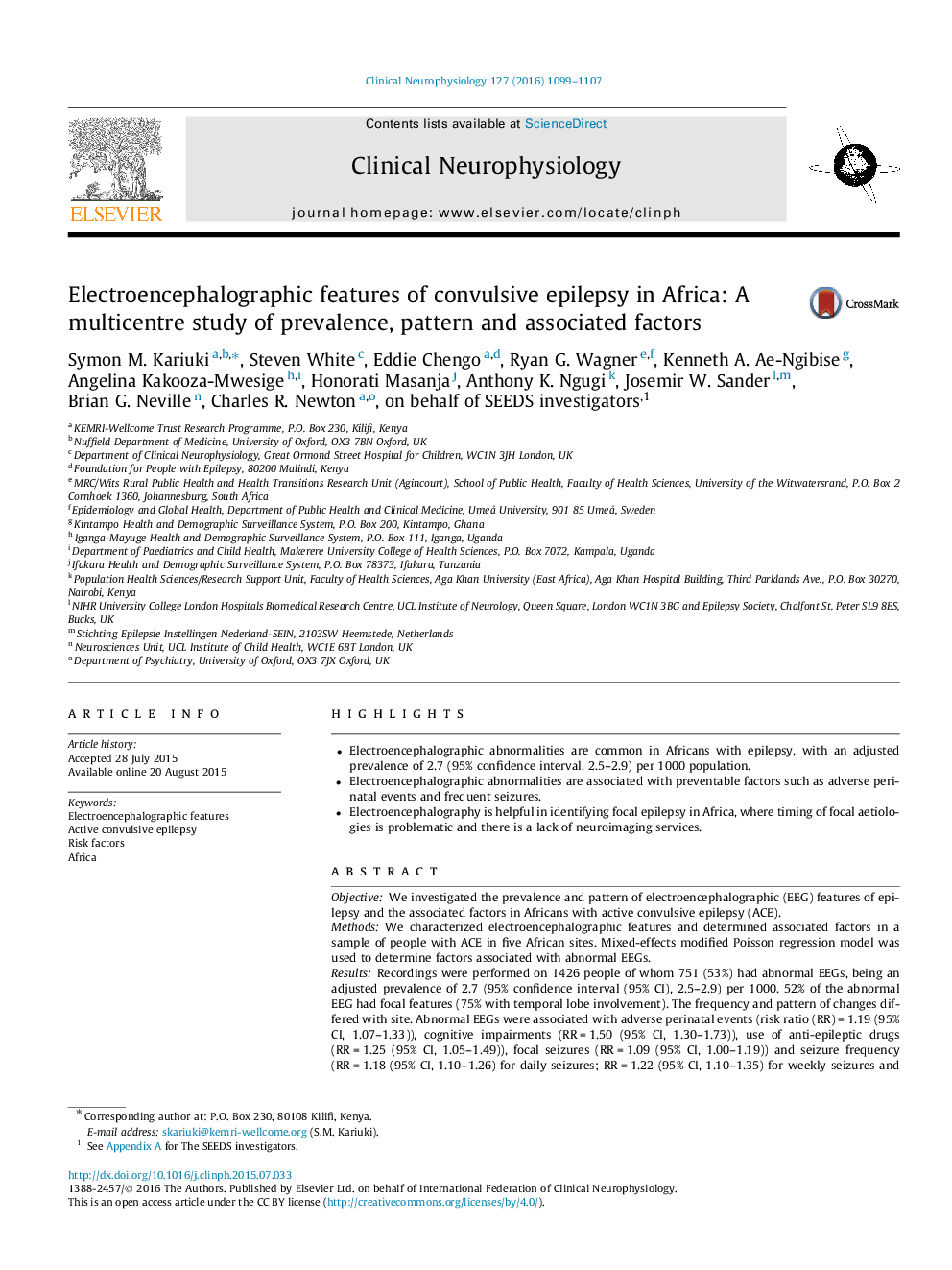 Electroencephalographic features of convulsive epilepsy in Africa: A multicentre study of prevalence, pattern and associated factors