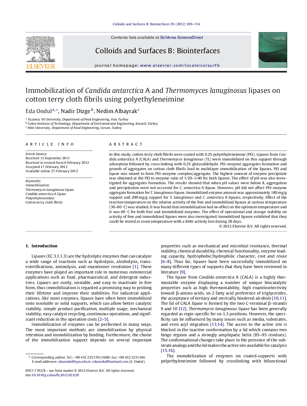 Immobilization of Candida antarctica A and Thermomyces lanuginosus lipases on cotton terry cloth fibrils using polyethyleneimine