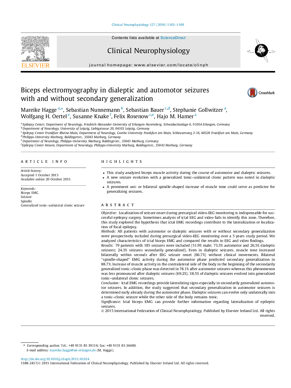 Biceps electromyography in dialeptic and automotor seizures with and without secondary generalization