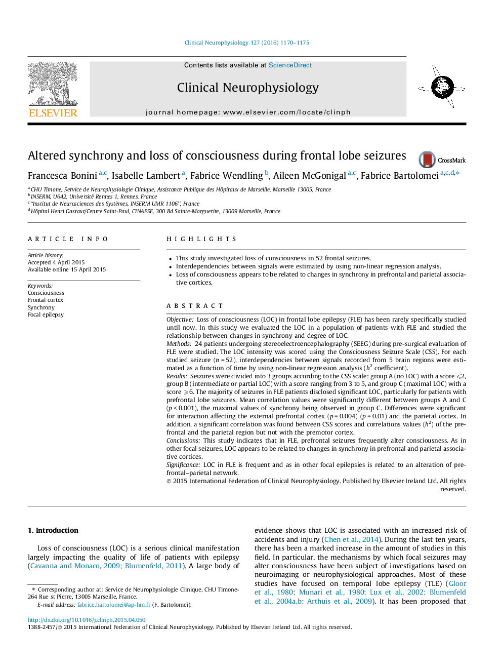 Altered synchrony and loss of consciousness during frontal lobe seizures