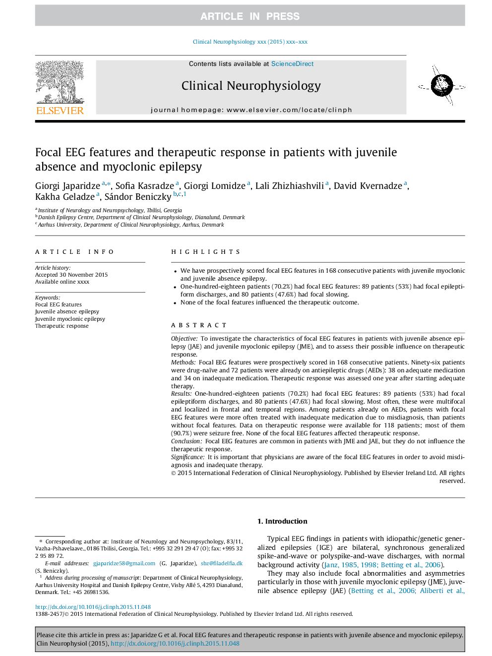 Focal EEG features and therapeutic response in patients with juvenile absence and myoclonic epilepsy