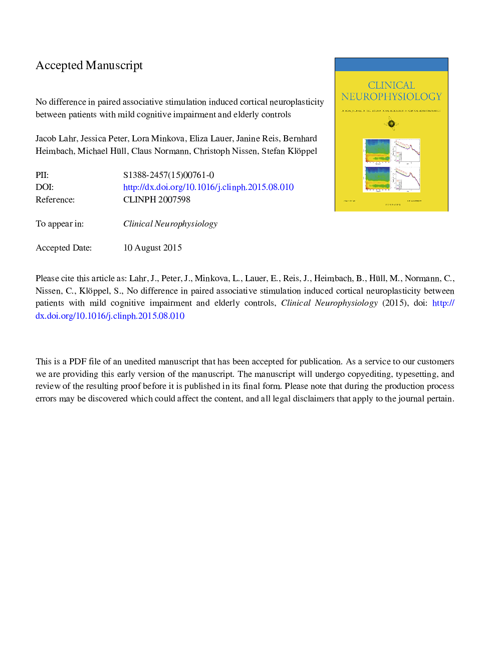 No difference in paired associative stimulation induced cortical neuroplasticity between patients with mild cognitive impairment and elderly controls