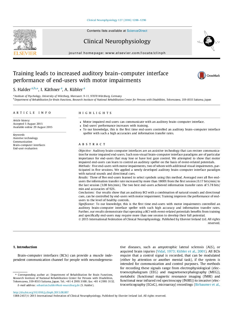 Training leads to increased auditory brain-computer interface performance of end-users with motor impairments