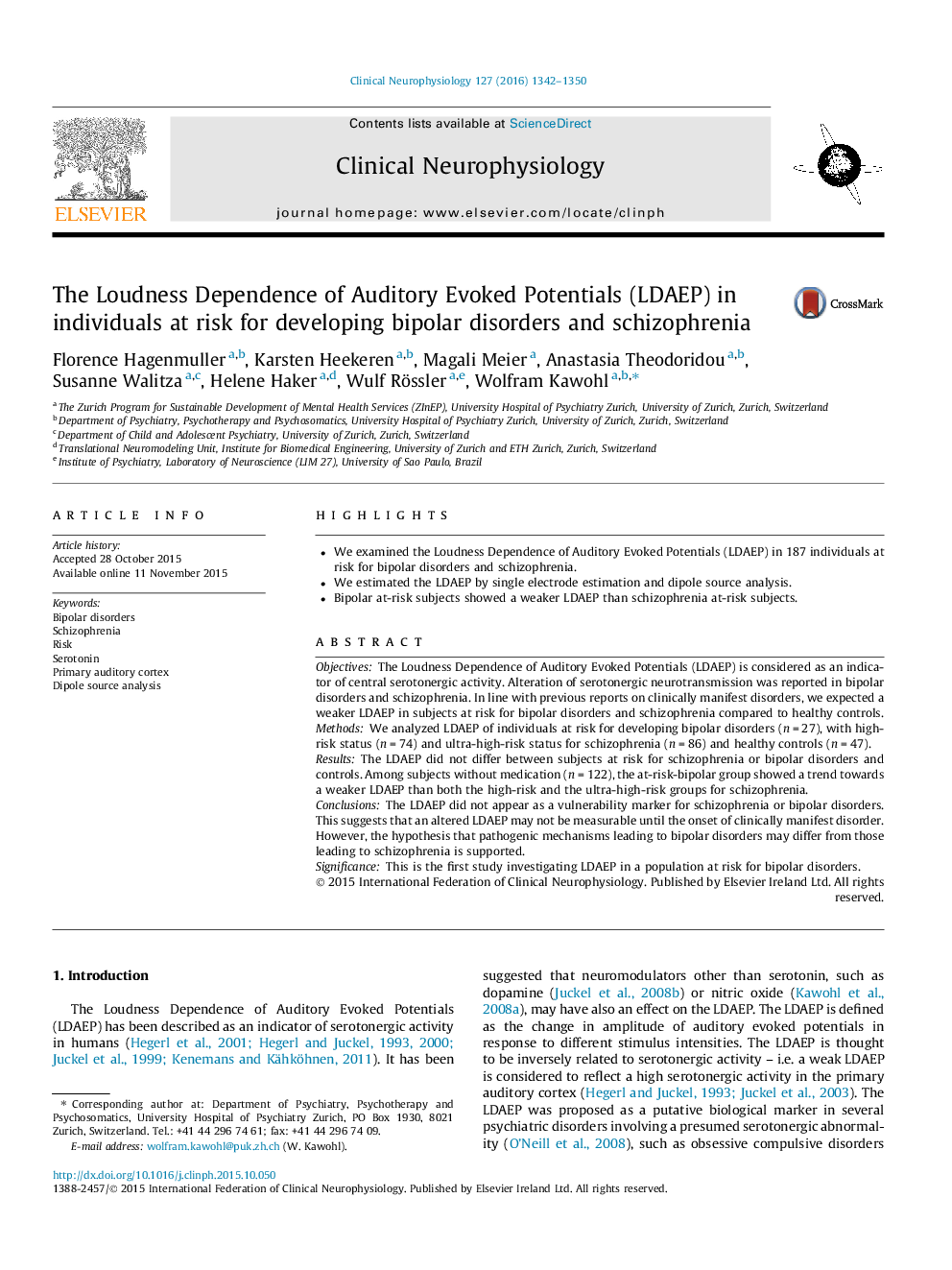 The Loudness Dependence of Auditory Evoked Potentials (LDAEP) in individuals at risk for developing bipolar disorders and schizophrenia