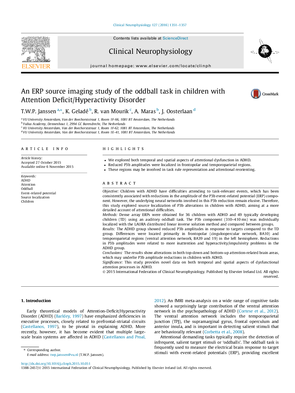 An ERP source imaging study of the oddball task in children with Attention Deficit/Hyperactivity Disorder