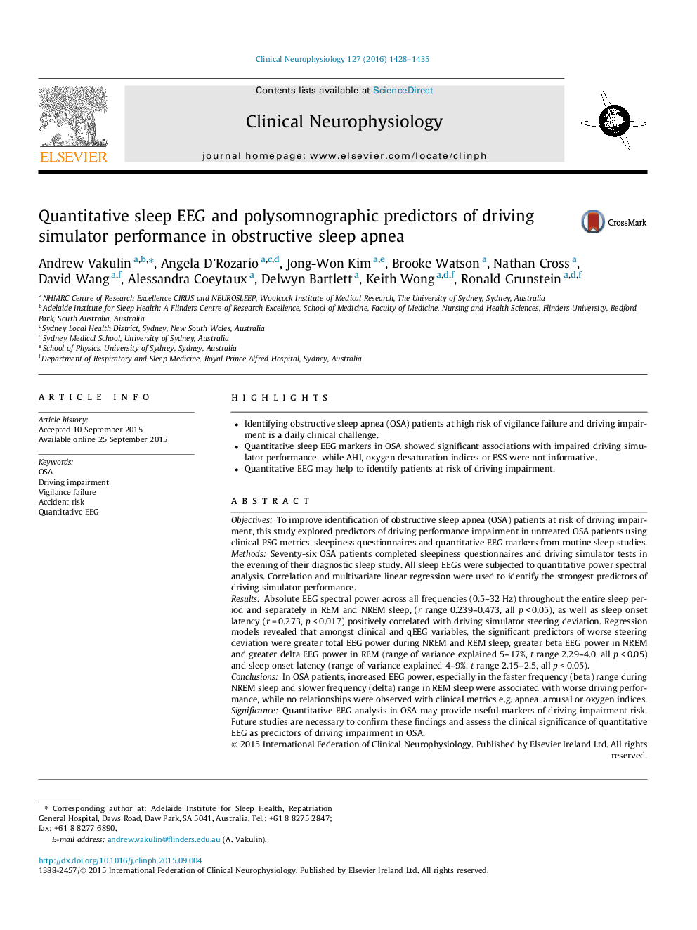 Quantitative sleep EEG and polysomnographic predictors of driving simulator performance in obstructive sleep apnea