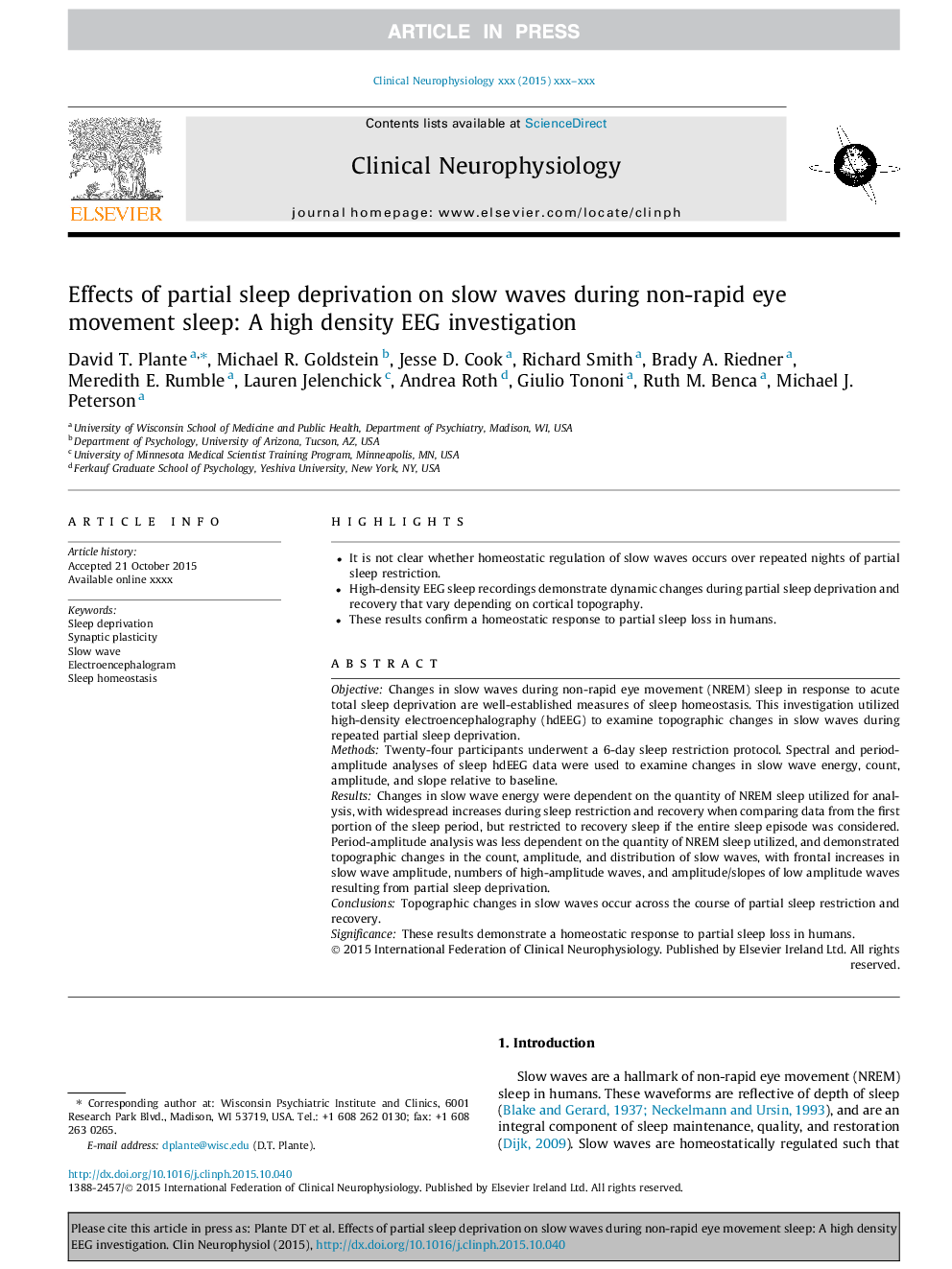 Effects of partial sleep deprivation on slow waves during non-rapid eye movement sleep: A high density EEG investigation