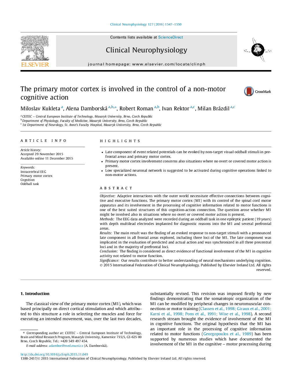 The primary motor cortex is involved in the control of a non-motor cognitive action