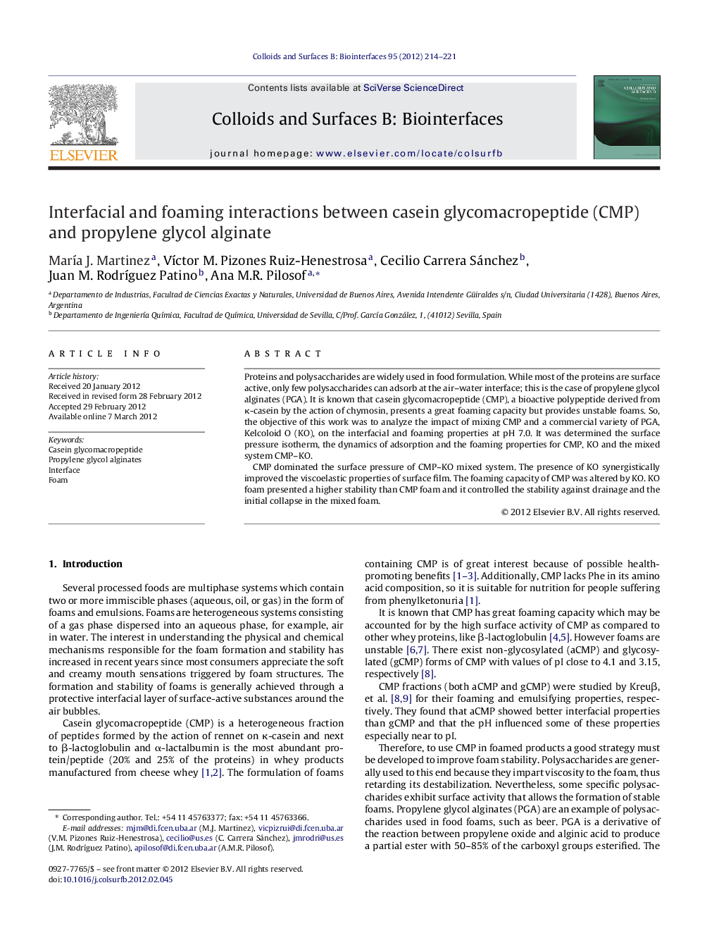 Interfacial and foaming interactions between casein glycomacropeptide (CMP) and propylene glycol alginate