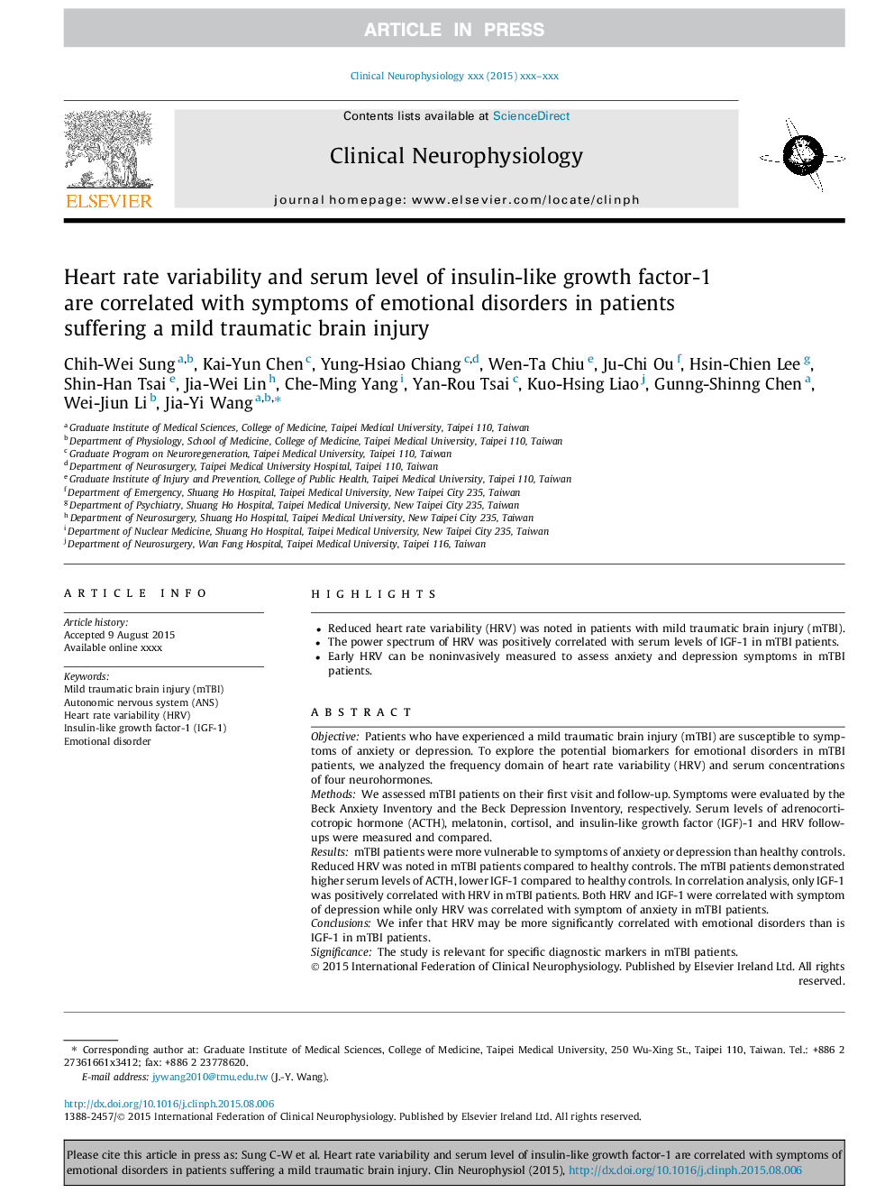 Heart rate variability and serum level of insulin-like growth factor-1 are correlated with symptoms of emotional disorders in patients suffering a mild traumatic brain injury