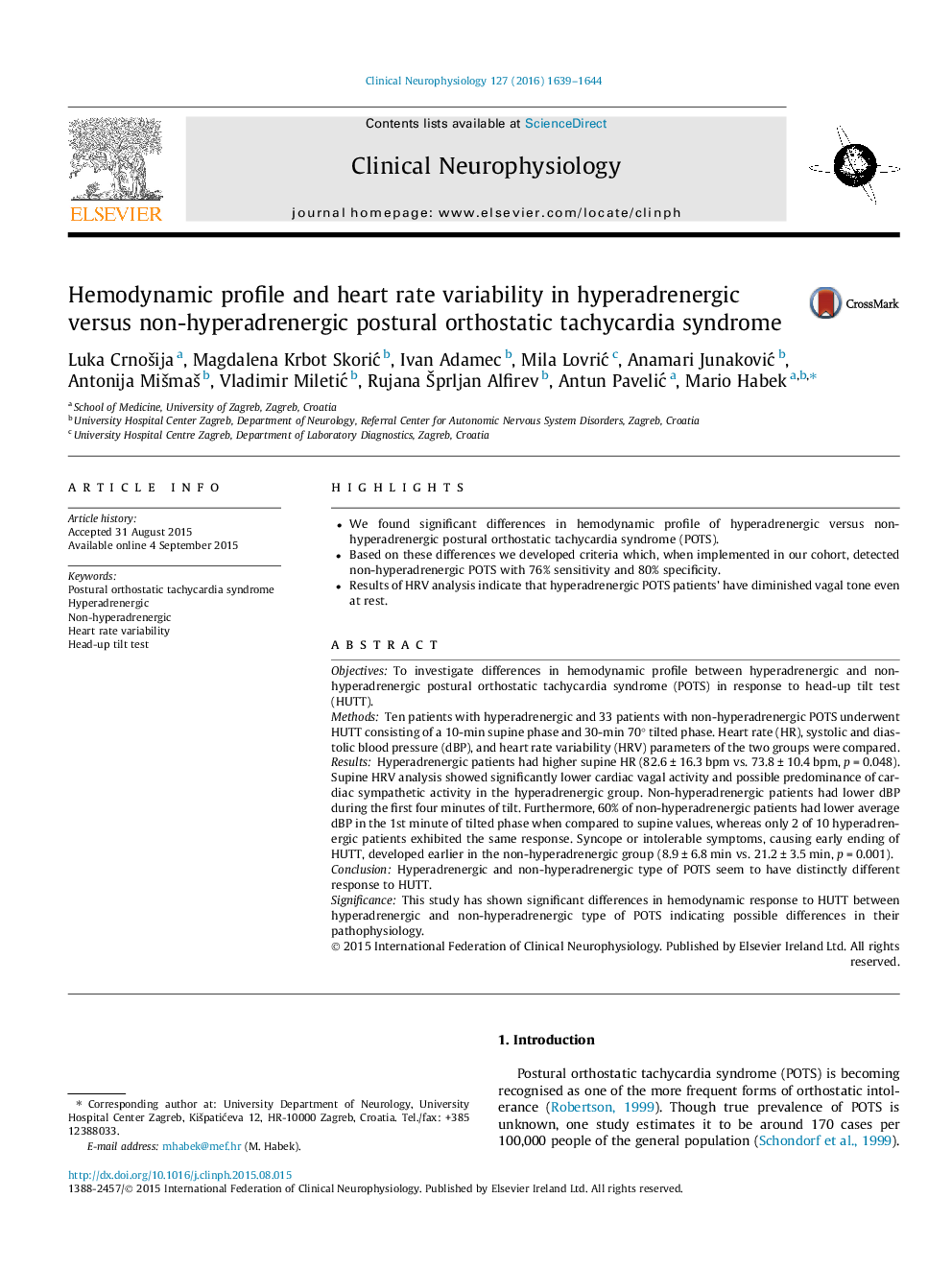 Hemodynamic profile and heart rate variability in hyperadrenergic versus non-hyperadrenergic postural orthostatic tachycardia syndrome