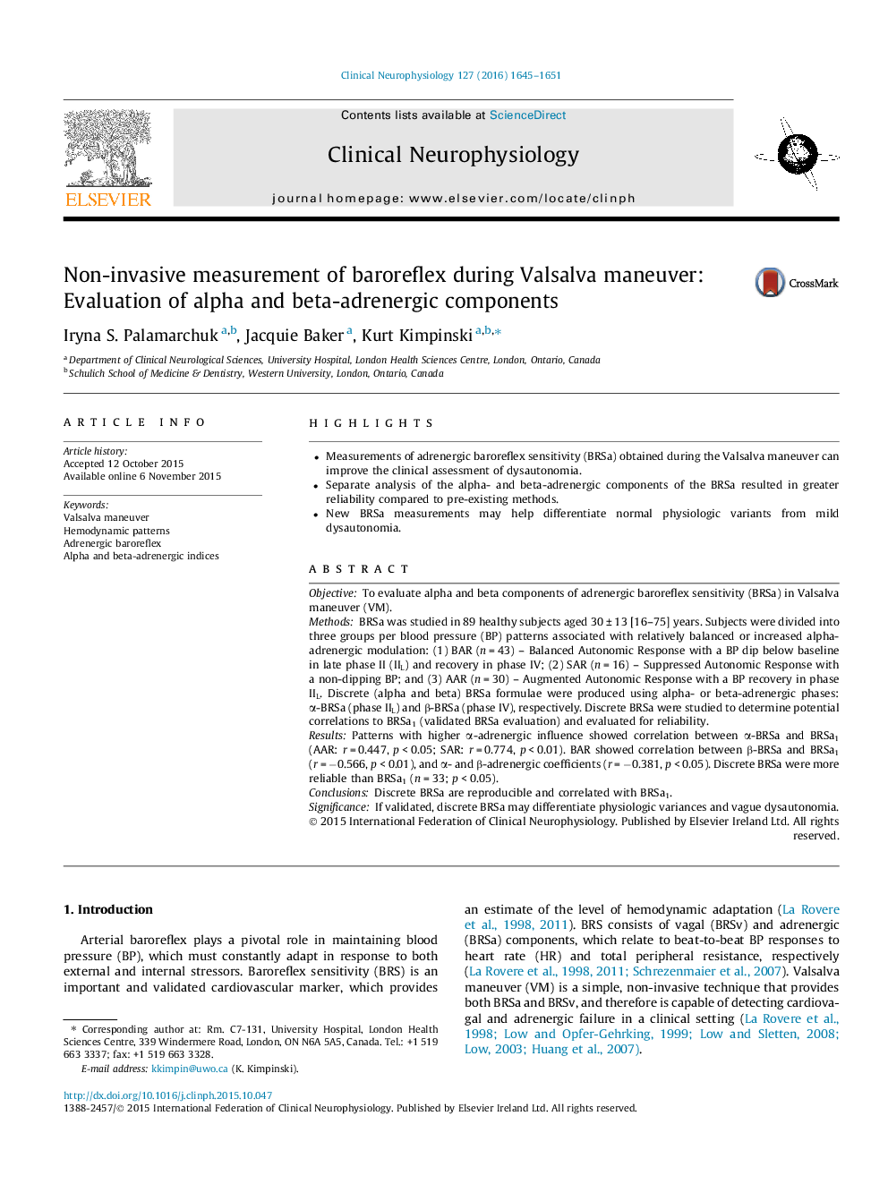 Non-invasive measurement of baroreflex during Valsalva maneuver: Evaluation of alpha and beta-adrenergic components