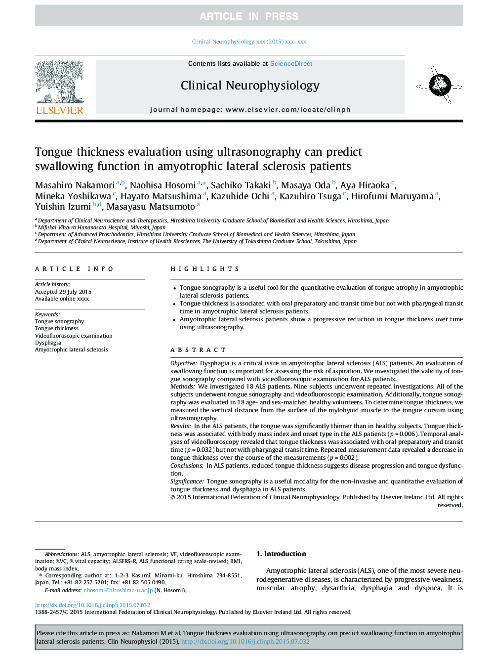 Tongue thickness evaluation using ultrasonography can predict swallowing function in amyotrophic lateral sclerosis patients