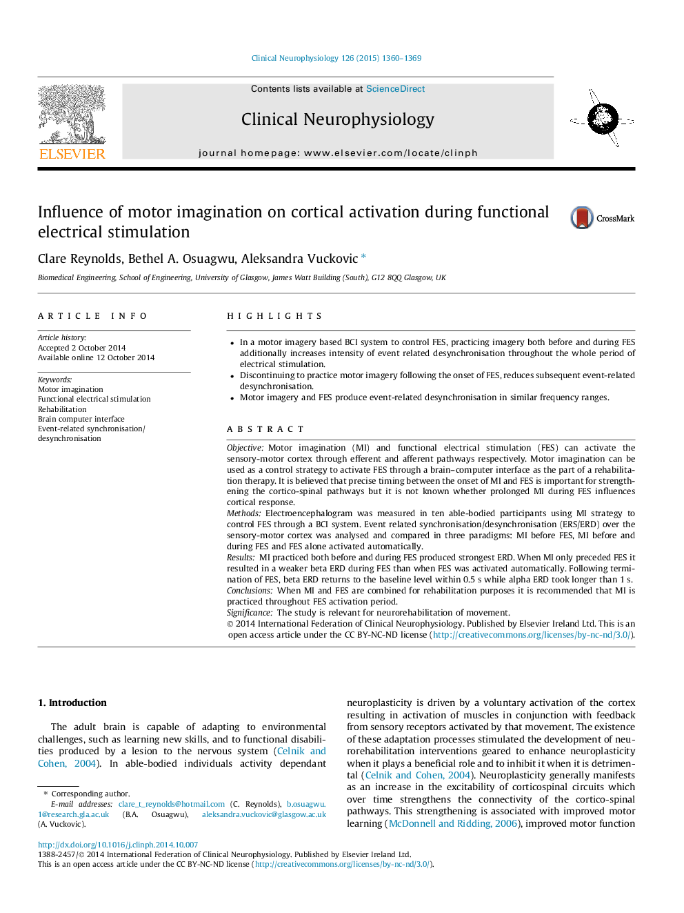 Influence of motor imagination on cortical activation during functional electrical stimulation