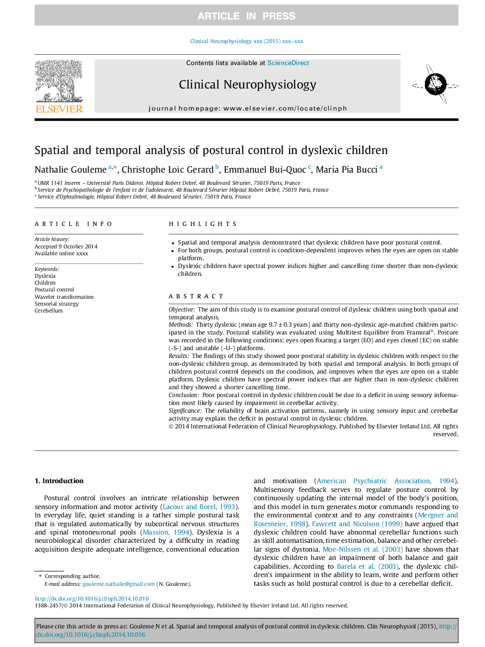 Spatial and temporal analysis of postural control in dyslexic children