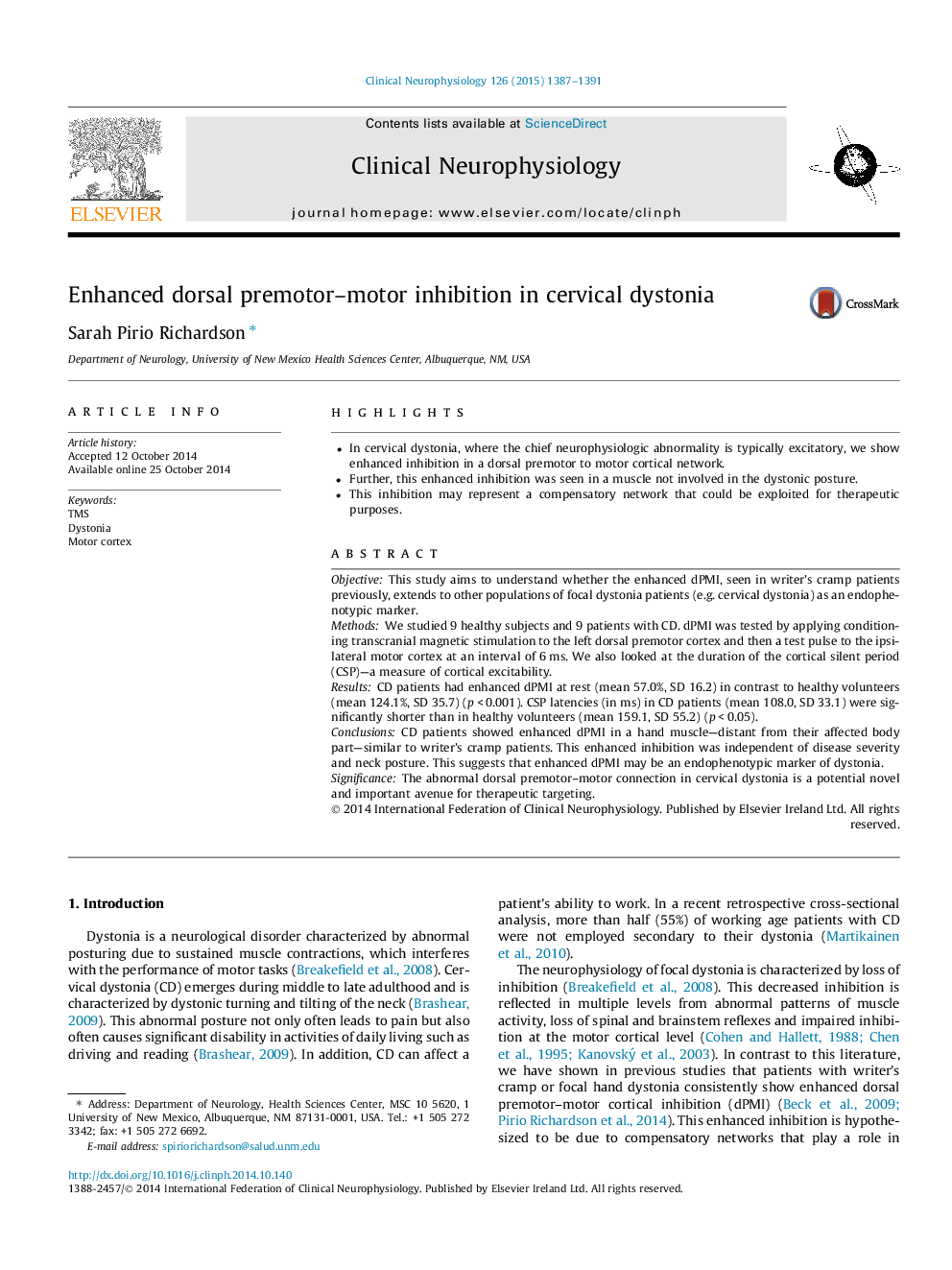 Enhanced dorsal premotor-motor inhibition in cervical dystonia