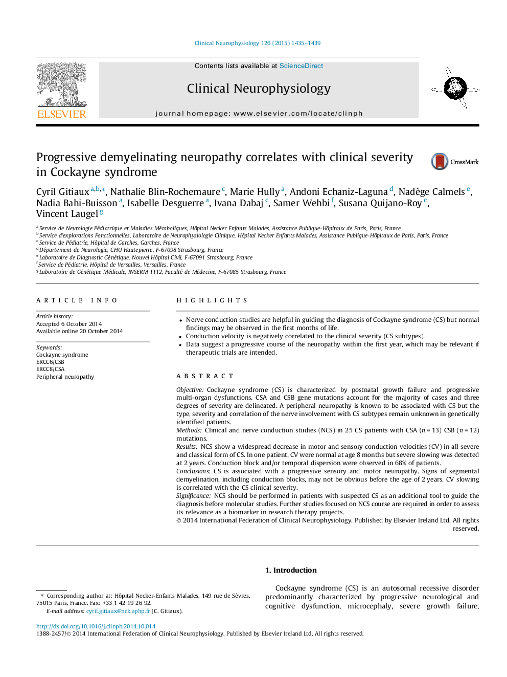 Progressive demyelinating neuropathy correlates with clinical severity in Cockayne syndrome