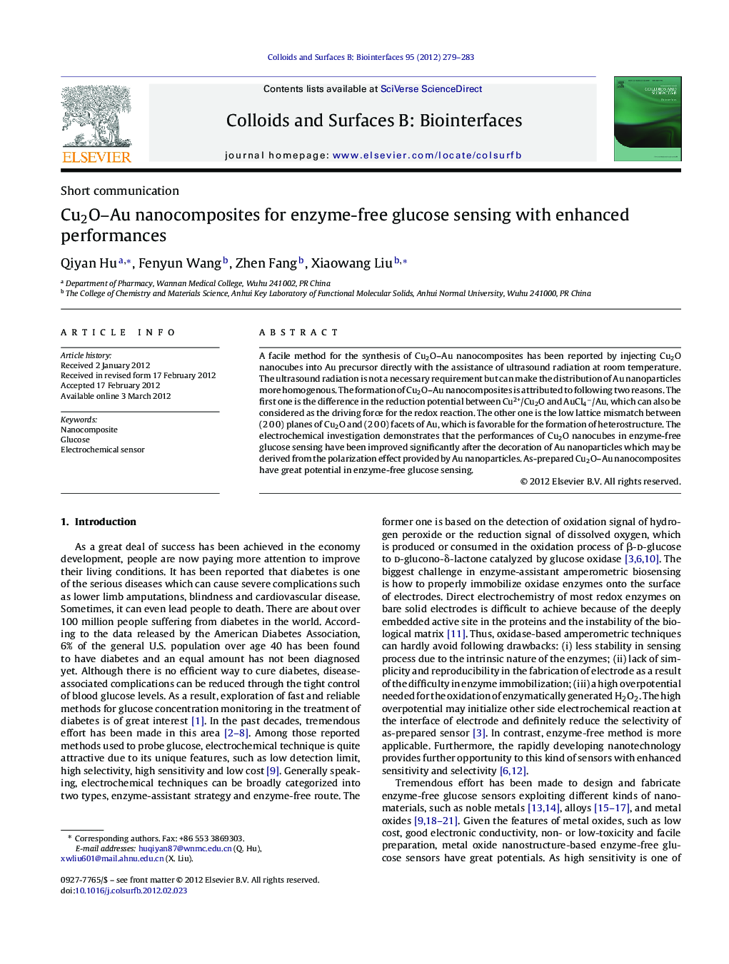 Cu2O-Au nanocomposites for enzyme-free glucose sensing with enhanced performances