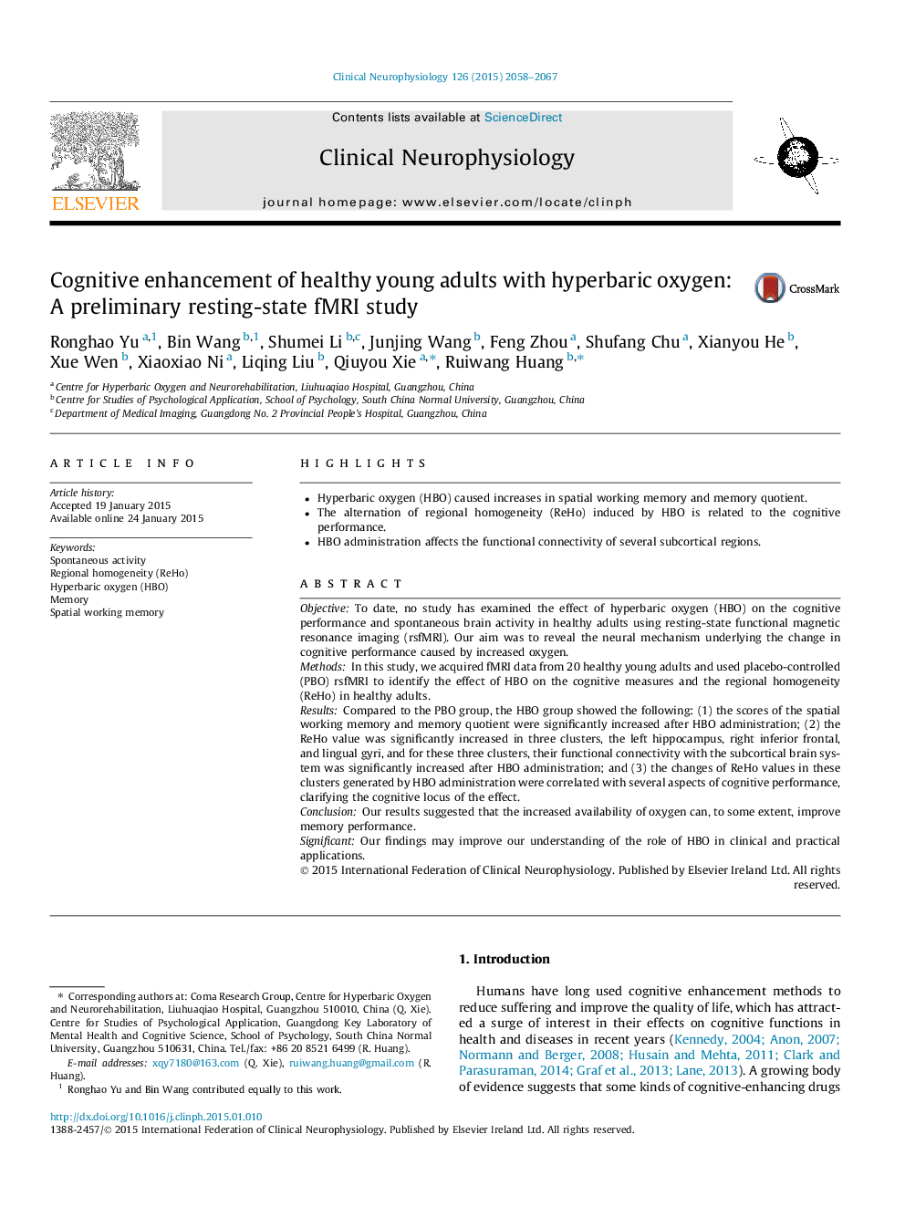 Cognitive enhancement of healthy young adults with hyperbaric oxygen: A preliminary resting-state fMRI study