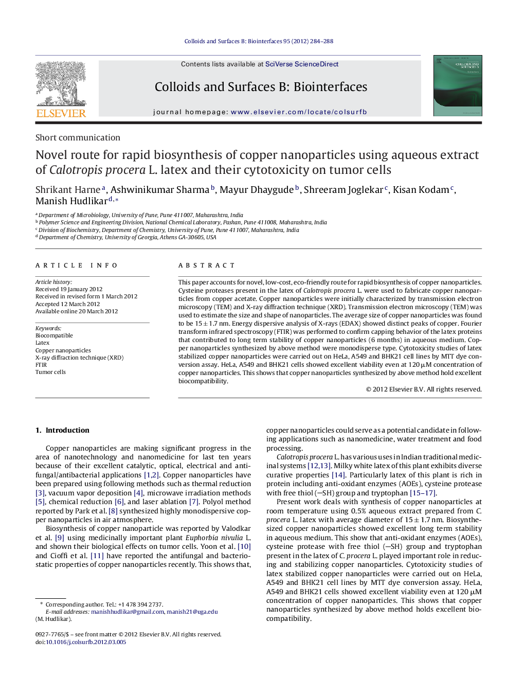 Novel route for rapid biosynthesis of copper nanoparticles using aqueous extract of Calotropis procera L. latex and their cytotoxicity on tumor cells