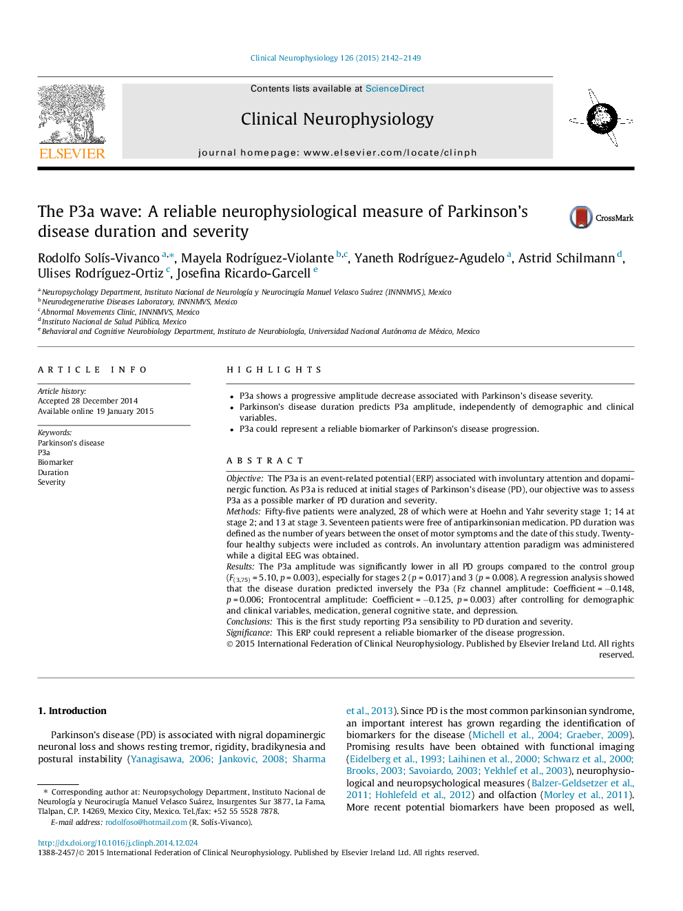 The P3a wave: A reliable neurophysiological measure of Parkinson's disease duration and severity