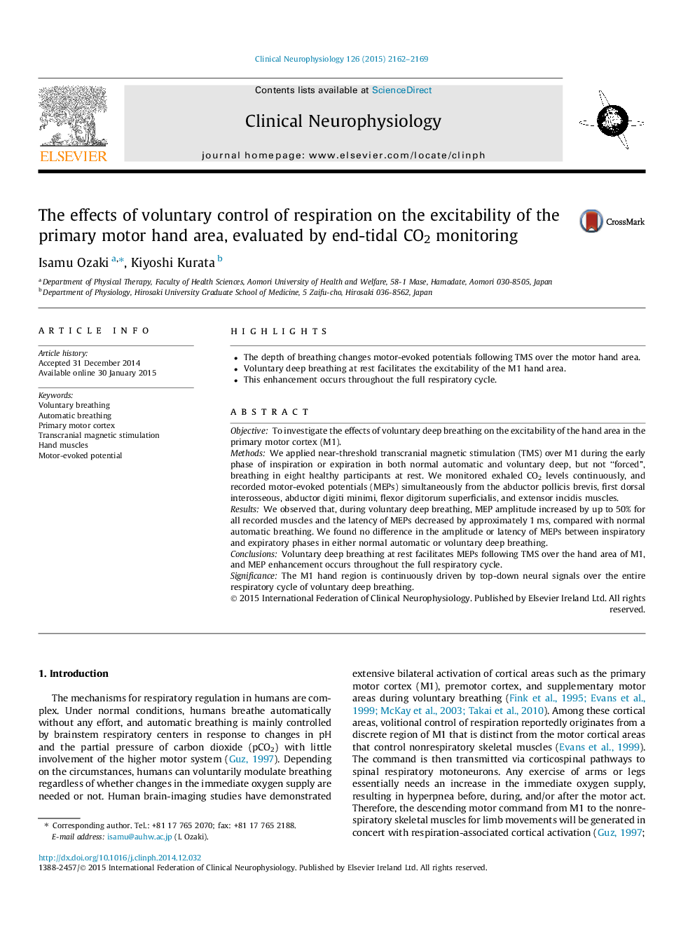 The effects of voluntary control of respiration on the excitability of the primary motor hand area, evaluated by end-tidal CO2 monitoring