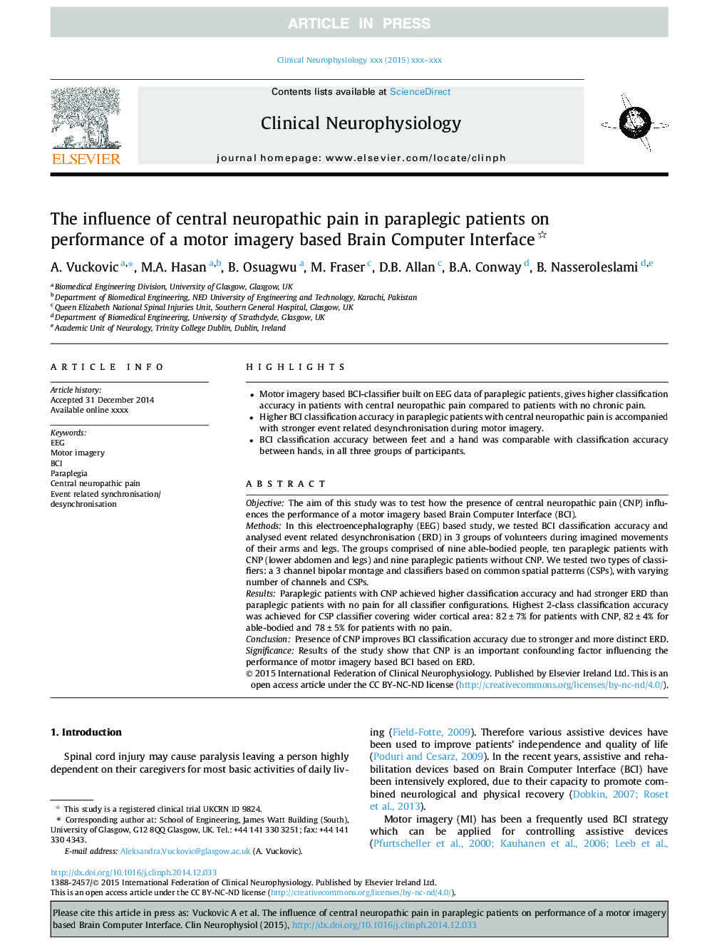 The influence of central neuropathic pain in paraplegic patients on performance of a motor imagery based Brain Computer Interface