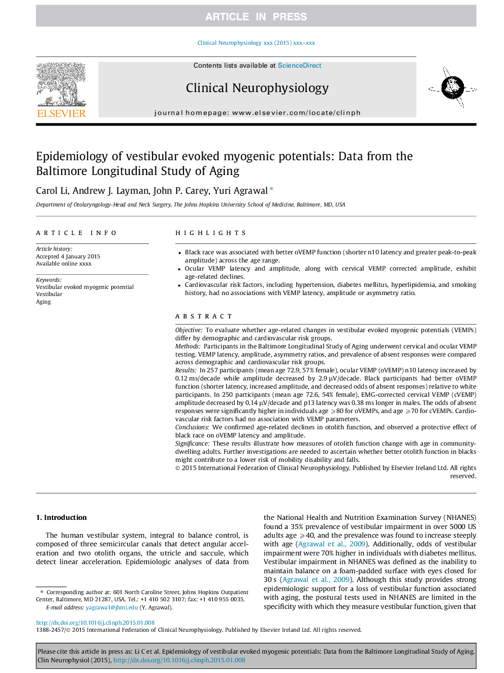 Epidemiology of vestibular evoked myogenic potentials: Data from the Baltimore Longitudinal Study of Aging