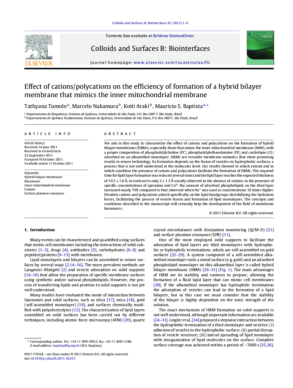 Effect of cations/polycations on the efficiency of formation of a hybrid bilayer membrane that mimics the inner mitochondrial membrane