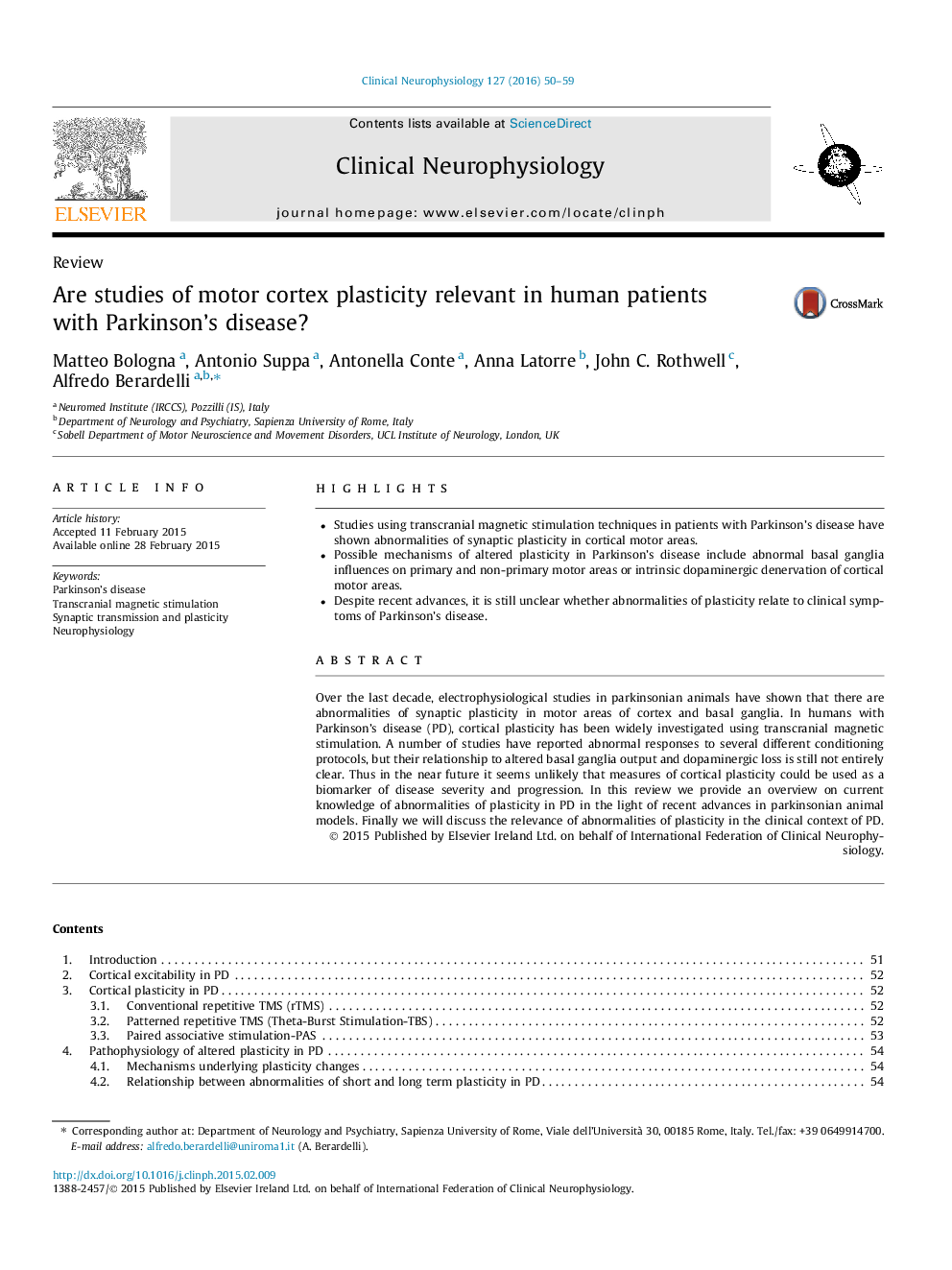 ReviewAre studies of motor cortex plasticity relevant in human patients with Parkinson's disease?