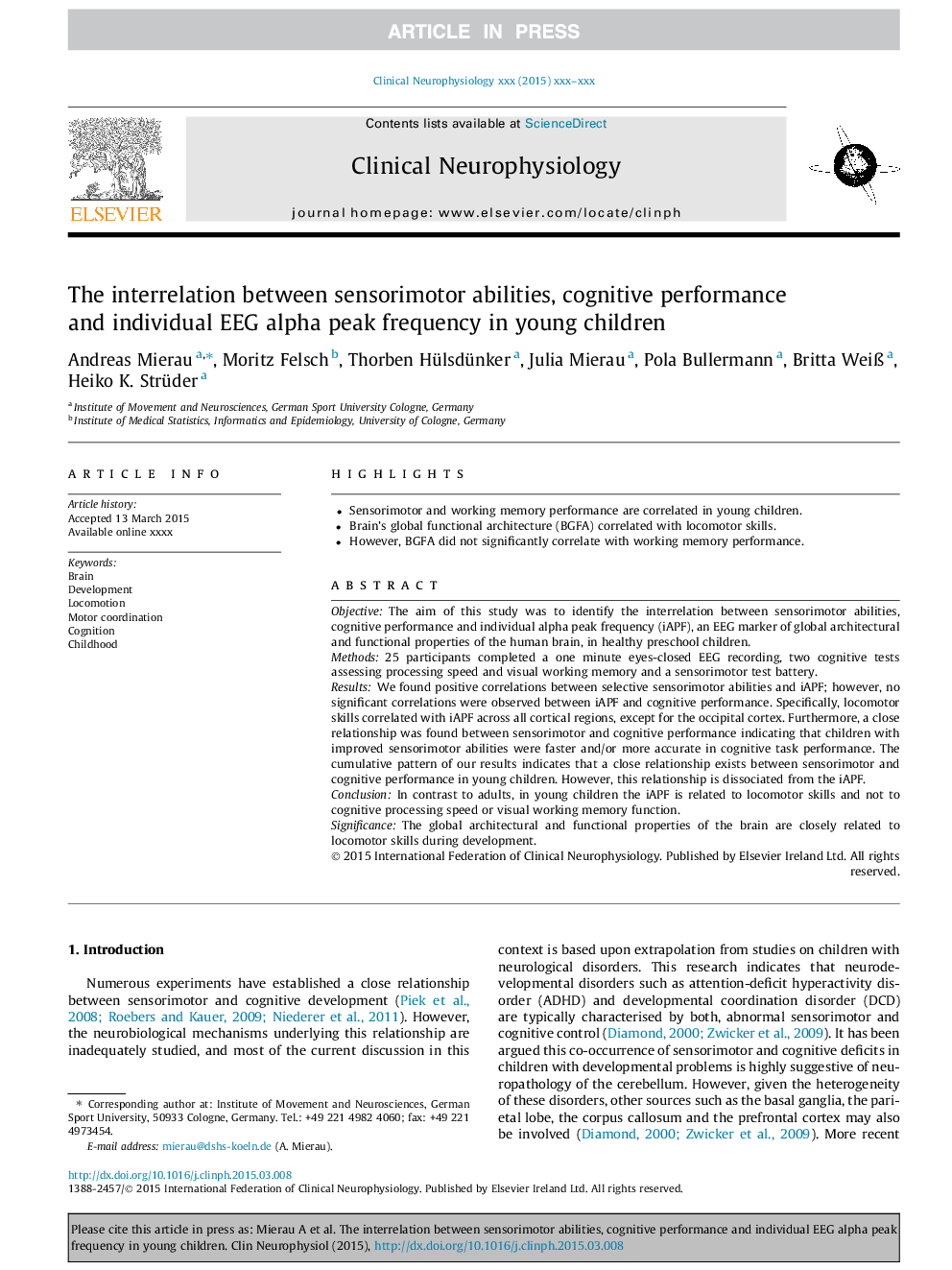 The interrelation between sensorimotor abilities, cognitive performance and individual EEG alpha peak frequency in young children