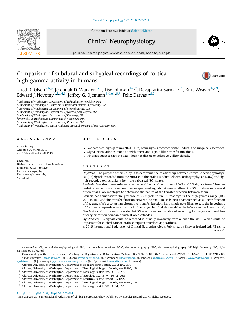 Comparison of subdural and subgaleal recordings of cortical high-gamma activity in humans