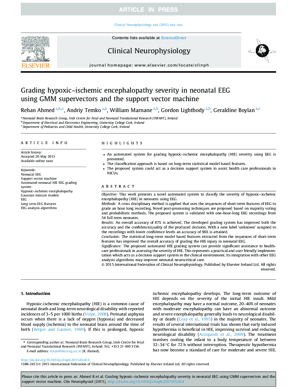 Grading hypoxic-ischemic encephalopathy severity in neonatal EEG using GMM supervectors and the support vector machine