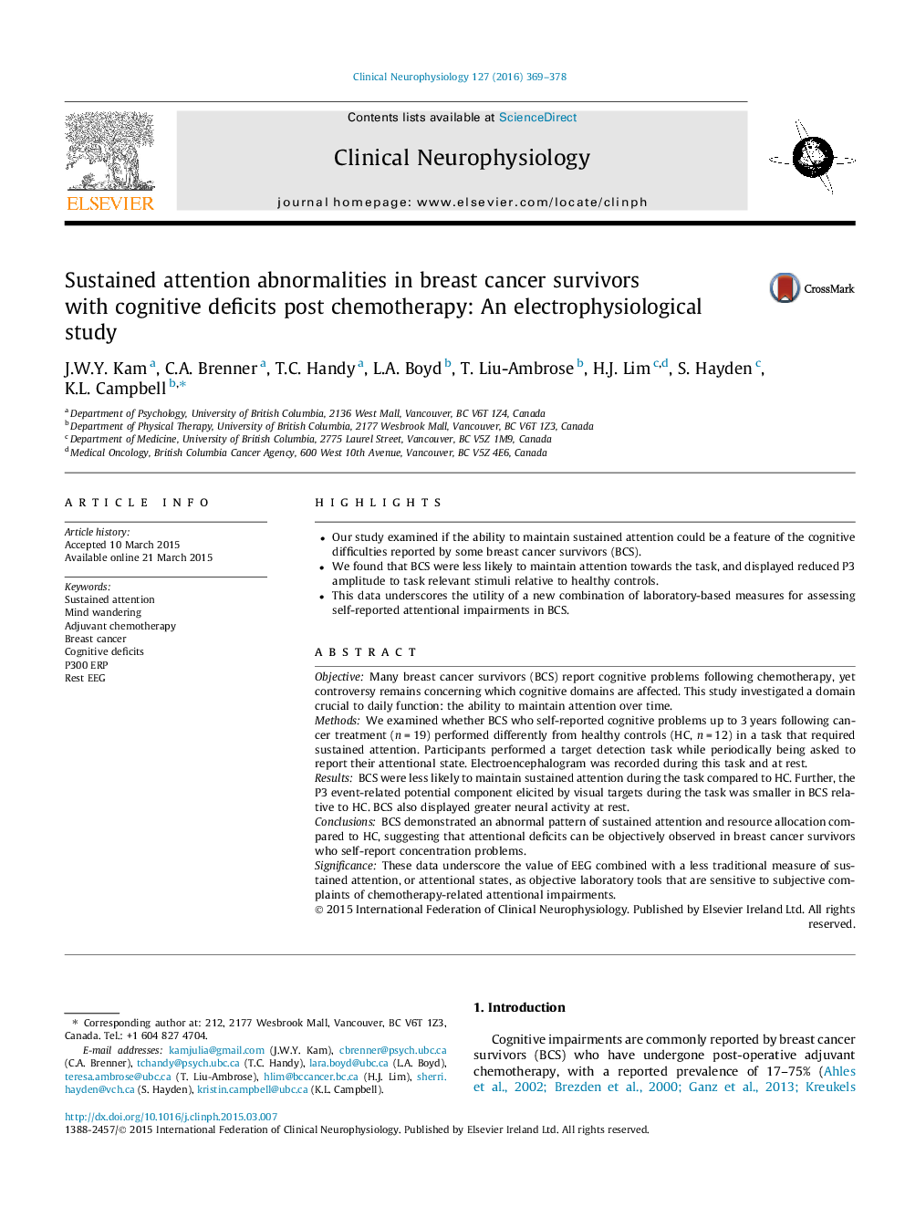 Sustained attention abnormalities in breast cancer survivors with cognitive deficits post chemotherapy: An electrophysiological study