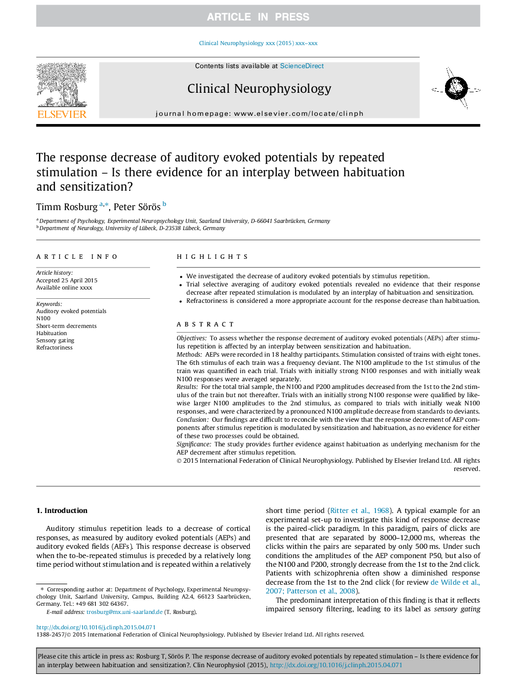 The response decrease of auditory evoked potentials by repeated stimulation - Is there evidence for an interplay between habituation and sensitization?