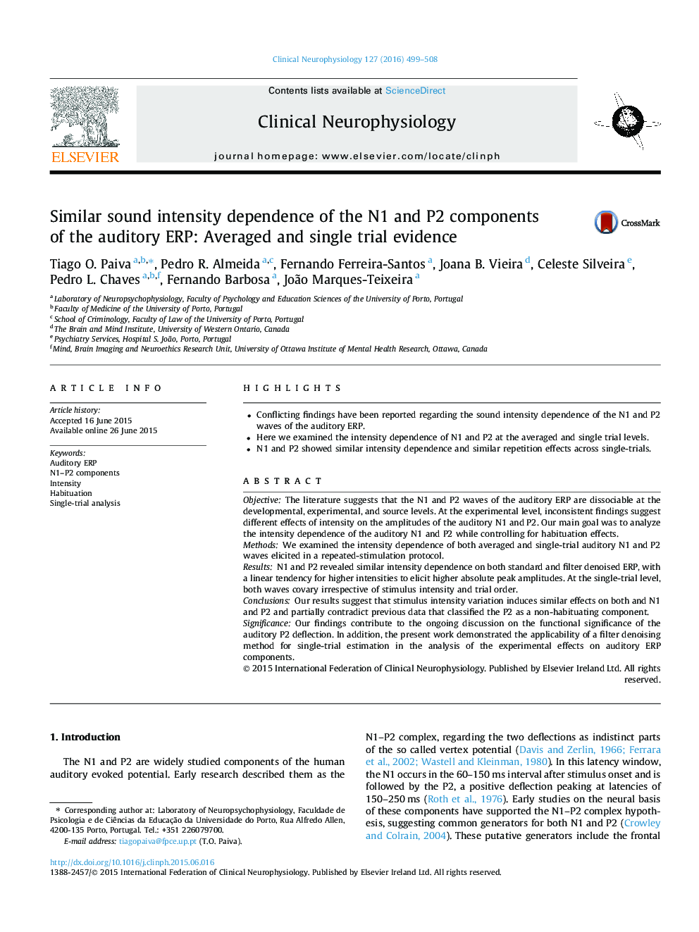 Similar sound intensity dependence of the N1 and P2 components of the auditory ERP: Averaged and single trial evidence